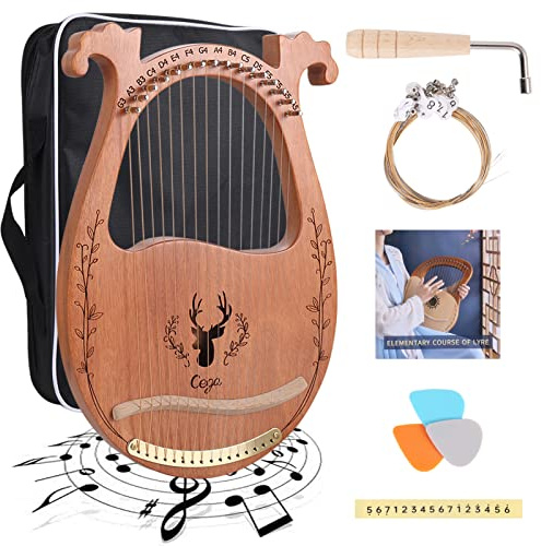 Lyre Harp, 16 Strings Mahogany Acoustic Harp with Extra Strings, Picks, Tuning Lever, Black Gig Bag, Beginner's Manual for Lyre