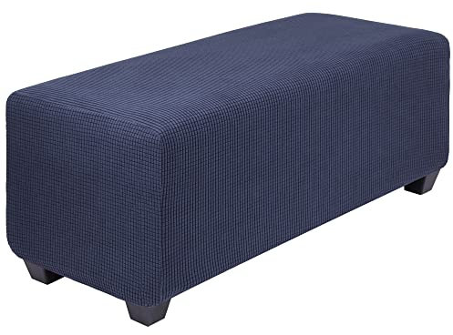PiccoCasa Hochelastischer Ottomanen-Bezug mit elastischer Unterseite, weicher Schonbezug, Jacquard-Stoff, klein, kariert, rechteckig, Aufbewahrung, Hocker, Möbelbezüge, Marineblau, Größe XL