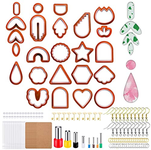 Tianbi Lot de 142 emporte-pièces en argile polymère pour la fabrication de bijoux en argile polymère avec boucles d'oreilles, cartes, accessoires, crochets de boucles d'oreilles