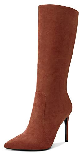 Aachcol Donna Metà polpaccio Stivali Spillo Alto High Tacco Heel Chiusa a Punta Cerniera Classico 10 CM Marrone Scamosciato 41 EU