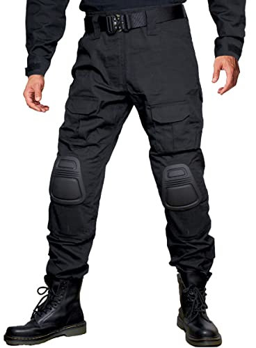 FICUHGOC Pantaloni Tattici da Uomo, Pantaloni da Lavoro da Trekking, Pantaloni da Combattimento all'aperto con Ginocchiera(Nero,38)