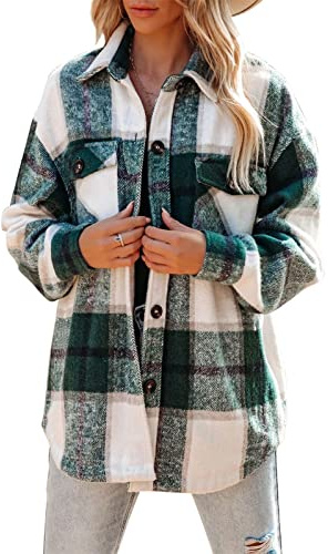 Onsoyours Veste a Carreaux Femme Automne Et Hiver Manches Longues Bouton Revers DéContracté Chaud à Carreaux Manteau De Laine Chemise Décontractée