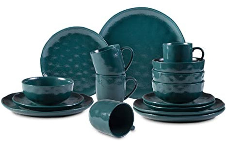 Home VSS, Organic Stoneware Sky Star 16pc Dinner Set Reactive Glaze, Turquoise