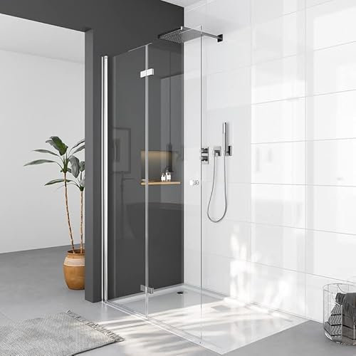 WDWRITTI Duschwand für Dusche 100x185 Duschabtrennung Walk In Dusche, Duschwand Faltbar mit Duschabtrennung Falttür aus Echtglas 6mm ESG Sicherheitsglas Klarglas Nano Beschichtung mit Runde Türgriffe