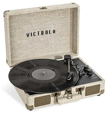 Victrola Journey+ Signature - Tocadiscos de Vinilo de Maleta de 33-1/3, 45 y 78 RPM, conectividad Bluetooth y Altavoces Integrados, Salida RCA estéreo, Acabado Lino, Color Crema