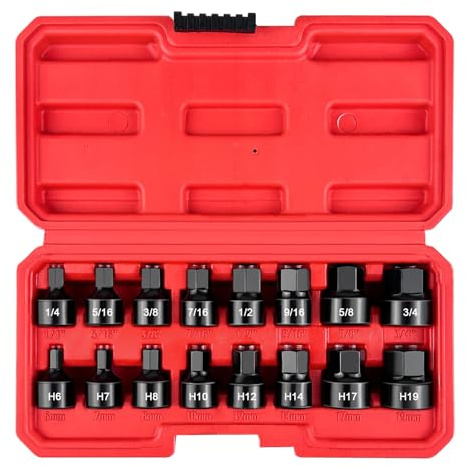 WETT 3/8-Zoll-Antrieb, niedriges Profil, Schlagschrauber-Set, 16-teilig, kurzes Sechskant-Bit-Steckschlüssel-Set, Cr-Mo Stahl, SAE/metrisch, (1/4 Zoll – 3/4 Zoll, 6–19 mm)