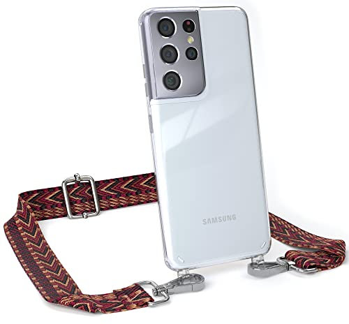 EAZY CASE Handykette - Verstellbares Taschenband kompatibel mit Galaxy S21 Ultra 5G, Schulterriemen, Handykordel mit Silikon Hülle, Umhängetasche, Rot Braun Silber