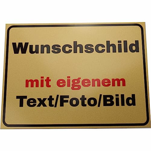 INDIGOS UG - Schilder selbst gestalten - Schild personalisiert 20x15cm - Aluminium Gold glänzend 0,5mm - extrem leicht - personalisiert mit Foto und Text - Logo - für Garage, Hotel, Parkplatz,