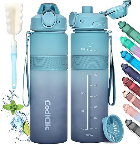 Gourde 1l, sans BPA Bouteille d'eau plastique, grande étanche gourde sport 1 litre idéale pour Gym, School, Office and Travel (Bleu foncé clair)