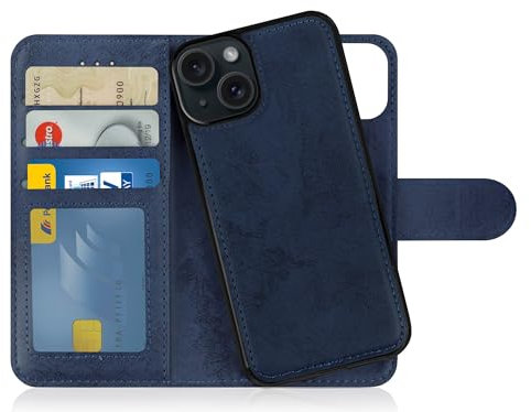 MyGadget Flip Case für iPhone 15 - [ abnehmbare Magnet Hülle ] - Handyhülle aus Kunstleder - [ Klapphülle mit Kartenfach ] Schutzhülle in Dunkelblau