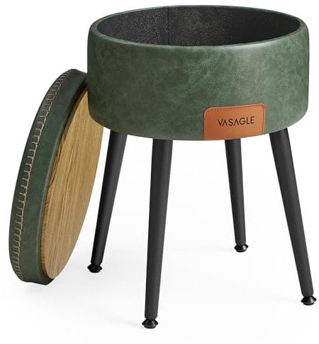 VASAGLE EKHO Collection - Storage Ottoman, Dressing Table Stool, Synthetic Leather with Stitching, Mid-Century Modern, Round Storage Stool Seat with Steel Legs, Loads 150 kg, Forest Green LOM005C51