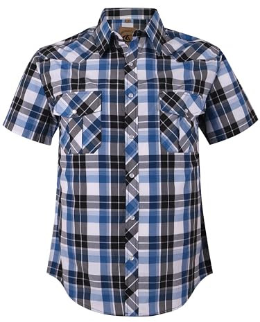 COEVALS CLUB Mens Shirts Short Sleeve Casual Push Button Plaid Suit Regular Fit Western Cowboy Pearl Snap Two Pockets Work Derss Button Up Shirts (Blue & Black #17 L)