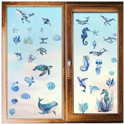 craspire 8 Stile Meer Ozean Fensteraufkleber Aufkleber Wandschildkröte Wal Seepferdchen Meereswelt Zum Abziehen Und Aufkleben, PVC, Wasserfest, Selbstklebend, Dekor Für Kühlschrank, Schlafzimmer