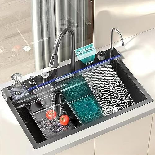 LecMy évier de Cuisine Évier de Cuisine à Affichage numérique, Grand évier à Cascade à rainure en Relief avec Lave-Tasse pressurisé Suitable Convient pour la Cuisine et Les Bars