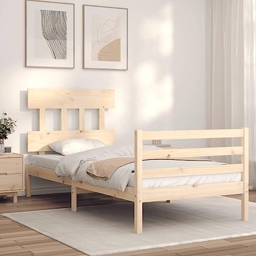 vidaXL Massivholzbett, Bett mit Kopfteil, Einzelbett Holzbett für Schlafzimmer, Bettrahmen Bettgestell mit Lattenrost, Schlafzimmermöbel, 90x200cm