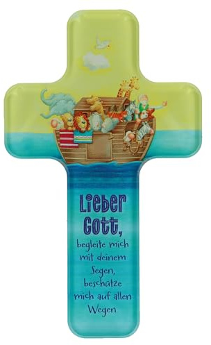 Butzon & Bercker Kinderkreuz Acryl - Arche Noah Wandkreuz zur Taufe | Schmuckvolles Gebetskreuz aus Acrylglas mit buntem Segenswunsch. Ideal als Geschenk für Kinderzimmer, Geburt und
