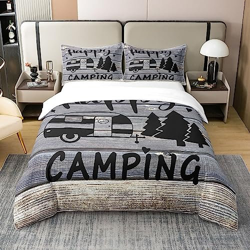 Loussiesd Camper 100% Baumwolle Bettwäsche 135x200cm Kinder Auto Happy Camping Bettbezug Set RV Camping Cartoon Auto Bettbezug Set Baumwolle Wood Grain Botanical Baum Schwarz Grau Bettwäsche-Set