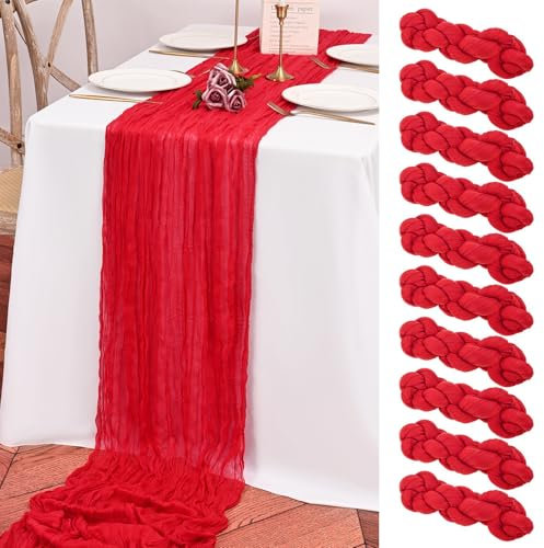 Teruntrue 10er-Pack Tischläufer rot, Käsetuch-Tischläufer, 3 m lang, Boho-Tischläufer, Gaze-Tischläufer für Geburtstagsparty, Festival, Hochzeitsdekoration (rot)