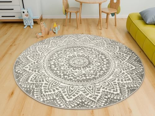 AKCILA Teppich Runder Muster Mandala Boho 100cm Weiß Grau, moderne Teppiche Wohnzimmer kurzflor, Teppiche Area Gegend, Tepich Schlafzimmer,Bedroom Rug