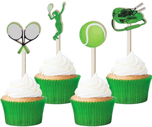 Sursurprise Tennis-Cupcake-Topper aus Holz für Tennis-Party-Dekorationen, Geburtstag, Babyparty, Sport, Partyzubehör, 16 Stück