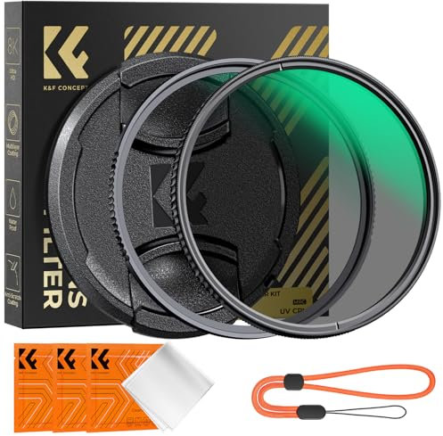 K&F Concept 82mm Filtre UV et Polarisant et 2 Bouchon d'objectif et 3 Chiffons de Nettoyage et Courroie Élastique pour Appareil Photo