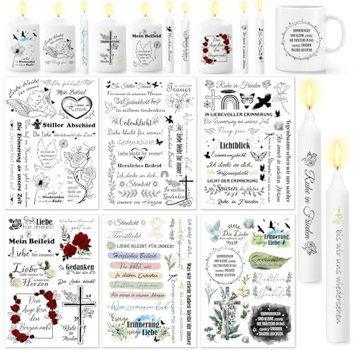 DPKOW Trauer Kerzentattoos, Trauerkerze Wasserschiebefolie Kerzen Trauerlicht Kerzensticker Gedenklicht Kerzen Tattoo Erinnerungslicht wasserschiebefolie Trostkerze Tattoos, Kerze mit Spruch, 6 Blatt