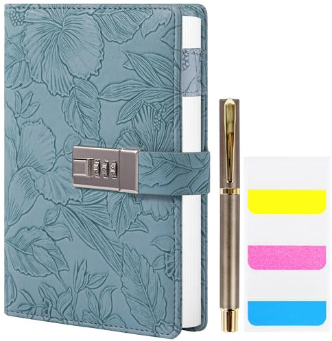 Diary with Lock for Women, 3D Embossed Journal with Lock, 224 Pages Wide lined Notebooks, PU Leather with Pen and Stickers Planner Organizer for Women & Men