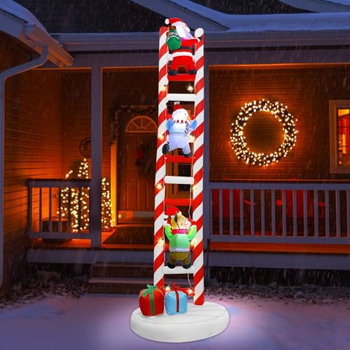 Joliyoou Aufblasbare Weihnachtsdekoration, riesige beleuchtete Leiter, aufblasbar, mit Rentier, Weihnachtsmann, Schneemann, C7 Lichterkette für Weihnachten, Winter, Urlaub, Dächer, Bäume, Balkone,