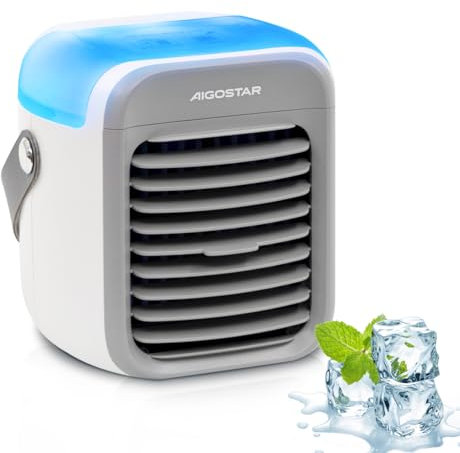 Aigostar Climatiseur Mobile 4 en 1,Ventilateur Brumisateur Portable. Rechargeable par USB, Mini avec Poignée. 3 Vitesses et Veilleuse 7 Couleurs