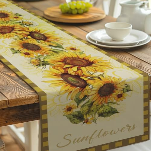 NBEADS Sonnenblumen Tisch Läufer, Modern Tisch Läufer Sommer Tischläufer Waschbarer Tischläufer Esstisch Dekoration Tischdecke für Haus Küche Party Festival Dekor, 33x183cm