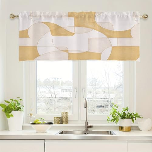 Lirzxin Bistrogardinen, Scheibengardinen Modern Blickdicht Kurz Gardine Geometrisch Muster Polyester Kurzer Vorhang Jalousien für Kleine Fenster, 152x45CM, Beige Gelb, 1 Stück
