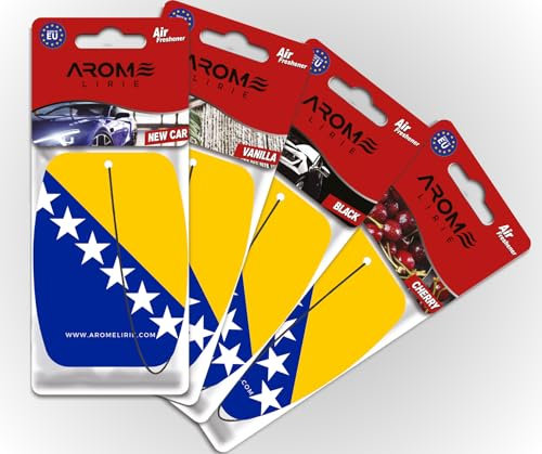 Bosnischer Duftbaum mit nationaler Flagge - Bosna Lufterfrischer für Auto und Zuhause Duftanhänger 4-er Pack in 4 Düften New Car, Black, Vanilla, Cherry
