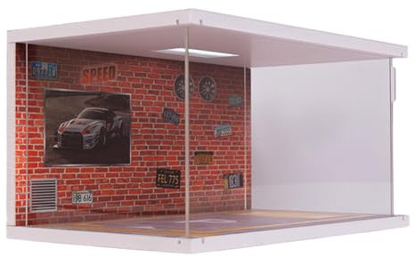 Garage Modell - Auto Display | Miniatur-Garage Diorama, Vitrine für Automodelle im Maßstab 1:32 | Modell Parkplatzszene mit LED-Licht, Spielzeug Modell Garage PE