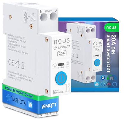 Nous Interruttore intelligente DIN 20A con Tasmota (ESP32), monitoraggio dell'energia, compatibile con MQTT, Home Assistant, Matter, controllo vocale con Alexa, Google Assistant