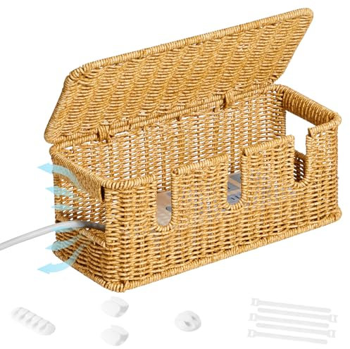 Vicorise Cable Management Box,Cable Box Organizer Rattan,Ventilate Cord Hider Box with Open Slots,Cable Management Under Desk for TV Computer Wires,Cable Organizer to Hide Cords,12.5 L×5.1 W×5.1 H