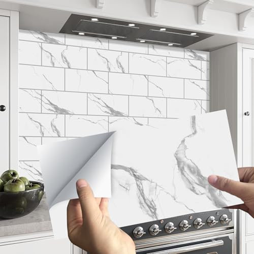 ANHUIB 16 Sheets White Marble Tile Stickers Self Adhesive Wall Tiles Waterproof Sticker Glossy Stick on Tiles for Kitchen Bathroom 20x10cm Modern White Bathroom Stickers Backsplash Home Decor