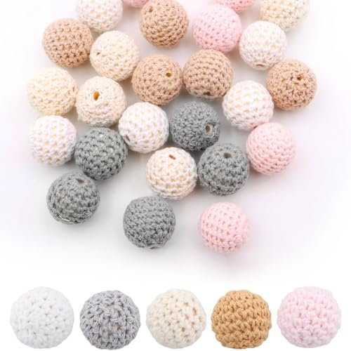MOLIMOLI Häkelperlen Set - 30 Stück Gehäkelt Holzperlen 16mm mit Loch in 5 Farben, Handgefertigte Holzkugeln für DIY Halskette Armband Häkelperlen