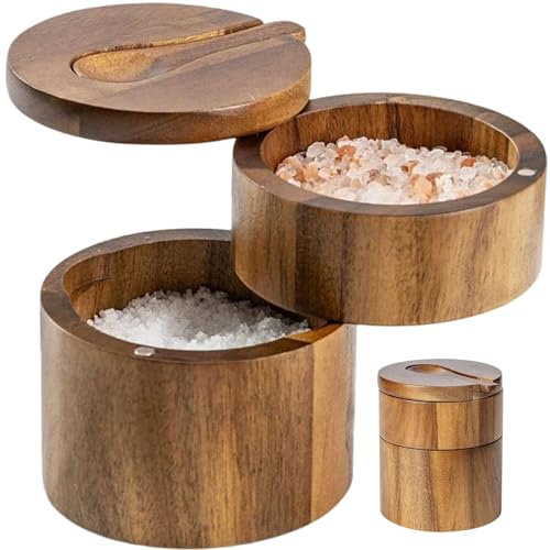 KYEQATY Caja de Sal 2 Capas Contenedor de Sal de Madera Soporte de Sal de Madera a Prueba de Polvo con Cuchara incorporada y Tapa giratoria magnética para Servir Cocina