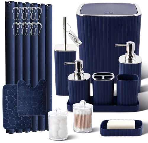 XLHOMO Badezimmer-Set mit Duschvorhang und Teppichen, 25-teiliges Badezimmer-Zubehör-Set, marineblau, Duschvorhang-Set, WC-Bürste, Mülleimer, Qtip-Halter Spender und Seifenspender