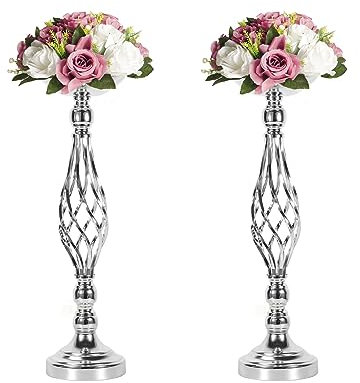 KXQYIKYI 2 Stück Kerzenhalter aus Metall, silberfarben, Road Lead, Tischdekoration, Ständer, Säule, Kerzenhalter für Hochzeit, Kandelaber, Blumen, Vasen