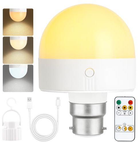 Psatfito Rechargeable Light Bulb with Timer and Remote, Dimmable Battery Light Bulbs with Magnetic Base, B22 Detachable Charging LED Bulb, Non Hardwired Lamps with 3 Color Temperatures