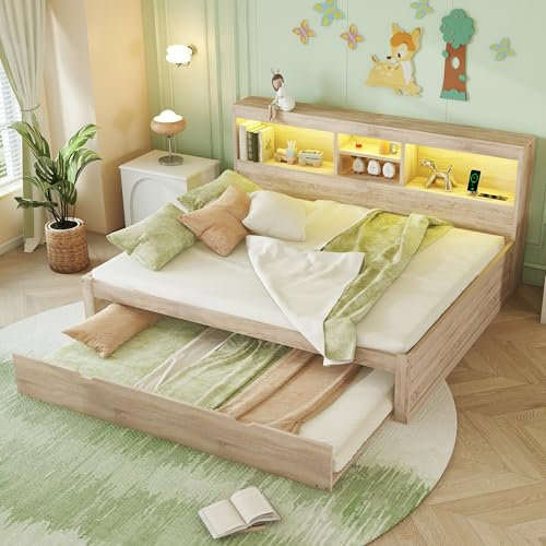 Merax Schlafsofa 140x200 Tagesbett mit Ausziehbett, Funktionsbett mit Staufach und Steckdose + USB, LED-Bettrahmen mit Lattenrost (ohne Matratze), Schlafcouch für Wohnzimmer/Schlafzimmer, Natur