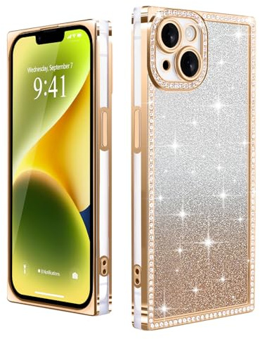 Urarssa for iPhone 14 Case Glitter, Rectangle Edge Design, Gold | Cute Bling Sparkly Case with Luxury Diamonds for Women Gilrs, Transparent Soft TPU Slim Shockproof Cover