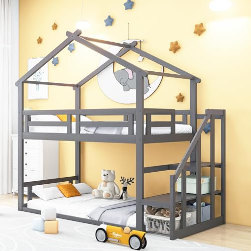 Etagenbett 90x200, Kinderbett Hochbett für 2 Kinder, Hausbett mit Treppe und Aufbewahrungsregalen, Kinderhochbett mit Rausfallschutz und Lattenrost, Bettgestell Stockbett Familienbett, Massivholz,Grau