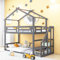 Etagenbett 90x200, Kinderbett Hochbett für 2 Kinder, Hausbett mit Treppe und Aufbewahrungsregalen, Kinderhochbett mit Rausfallschutz und Lattenrost, Bettgestell Stockbett Familienbett, Massivholz,Grau