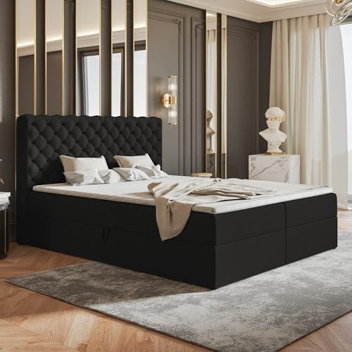 MOTIVENA Nero Chesterfield Boxspringbett 180x200 mit Bettkasten und Topper, Polsterbett 180x200 mit Bettkasten, Taschenfederkern-Matratze (H3), Visco Topper (H2), Samt, Schwarz