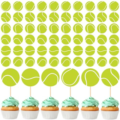 GlikCeil 60 Pcs Tennis Cupcake Toppers Sports Cake Decorations Birthday Party Supplies Cupcake Picks for Baby Shower Sports Ball Themed Party Favors