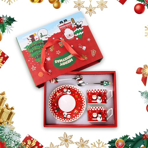 FairyPeach Juego de 2 Taza de Café de Navidad, Taza Ceramica Navidad, con Tapa, Cuchara y Platillo, Adecuado para Uso Personal o para Regalar, 200ml (Rojo)
