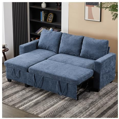 INMOZATA 201cm L-Shaped Sofa Bed Chenille Pull Out Sectional Corner Sofa Bed with Storage and Left/Right Reversible Chaise 2-in-1 Convertible Sofa Couch Click Clack Bed Settee for Living Room (Blue)