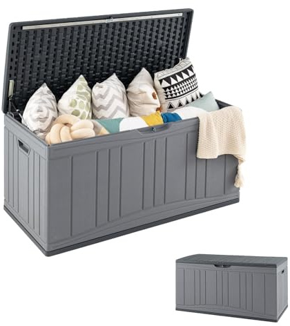 GOPLUS Coffre de Jardin Extérieur 300L, Coffre de Rangement Etanche avec Couvercle Verrouillable, Double Levier, pour Outils Jardinage, Coussins, Charge 150KG, 114 x 55 x 60,5 CM (Gris)